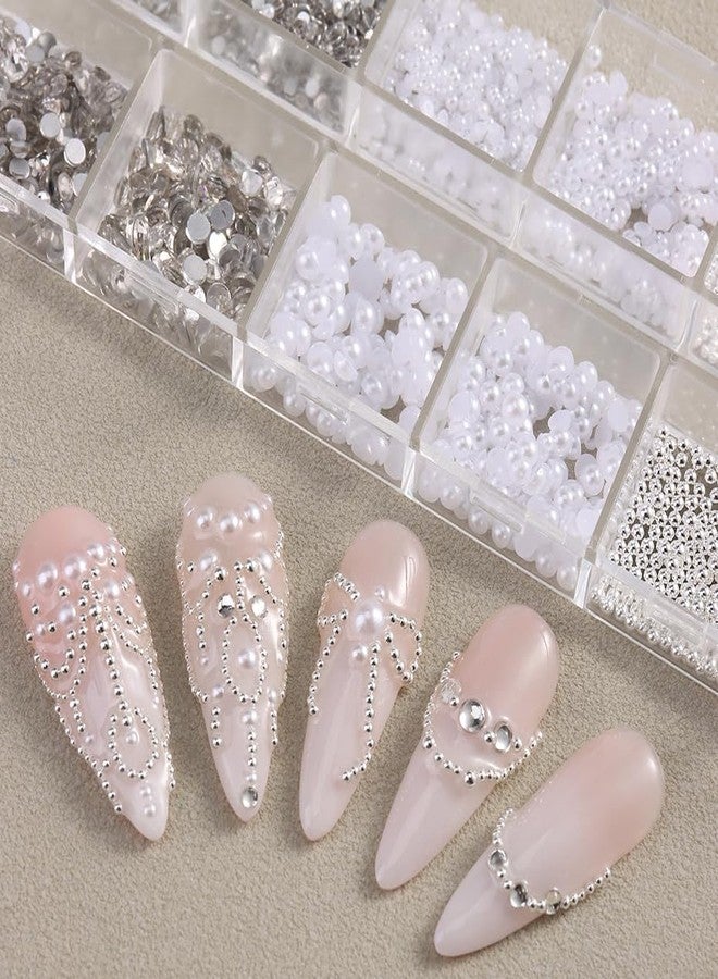 FSpronail Pearl 3D Nail Charms Rhinestone Silver Beads Multi Design 2Boxes,White Semicircle Pearls Jewelry Silvery Steel Ball Mixed Sizes Nails Decoration,Flatback Diamond Gems Women DIY Nail Ornament - Image 5